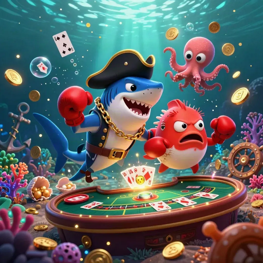 Shark captain, boxing pufferfish and coin-juggling octopus amid treasure, cards, and glowing casino relics