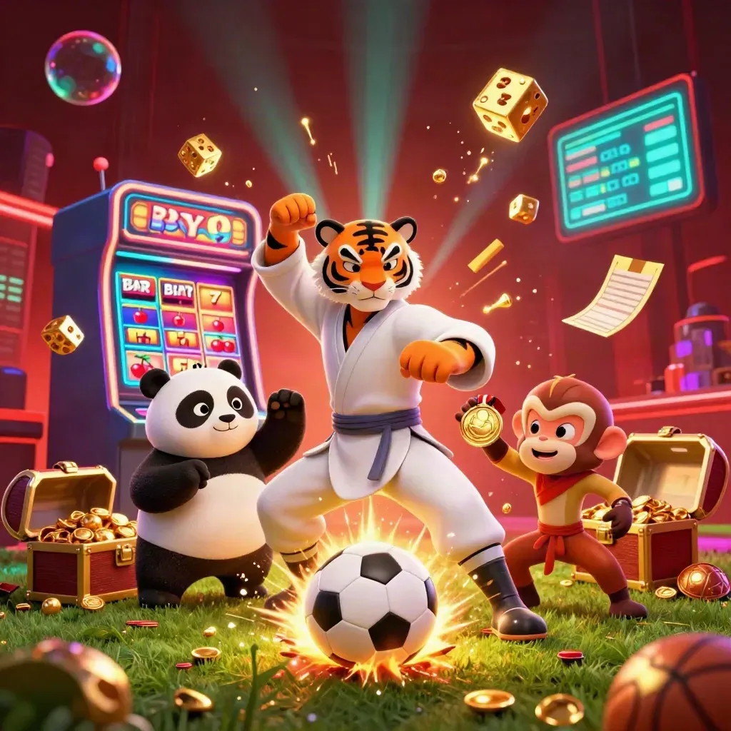 Kung-fu tiger, panda, and monkey amid casino sparks, soccer ball, gold, and neon light.
