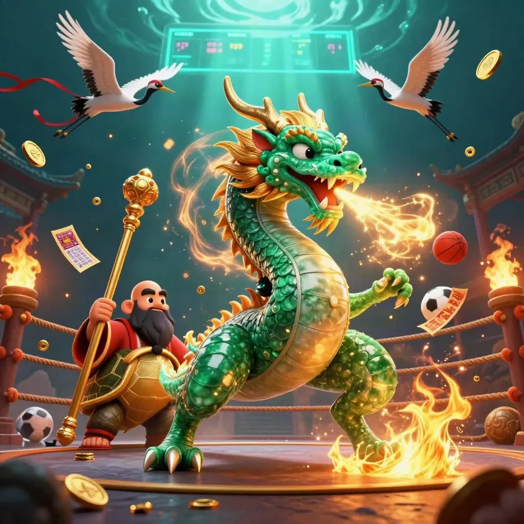Dragon, turtle sage, and cranes in a fiery casino sports scene with coins, balls, and temple gate.