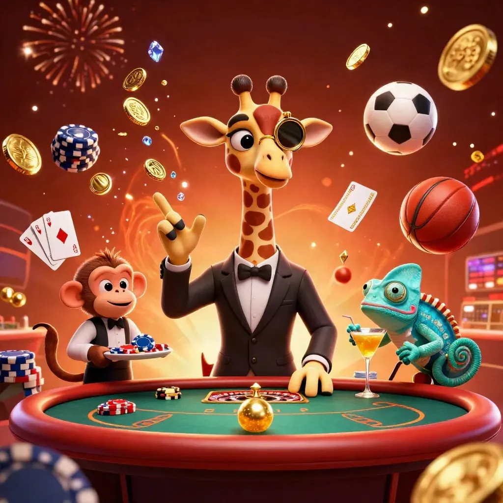 Cartoon giraffe, monkey and chameleon amid casino sports chaos, chips, balls and gold light.