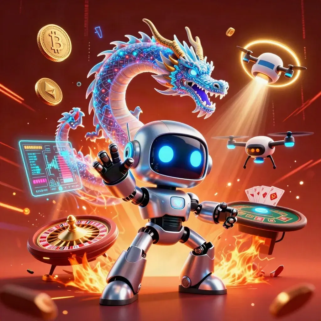 Cyberpunk robot, holographic dragon, and coin drone amid casino energy, coins, cards, and neon lightning.