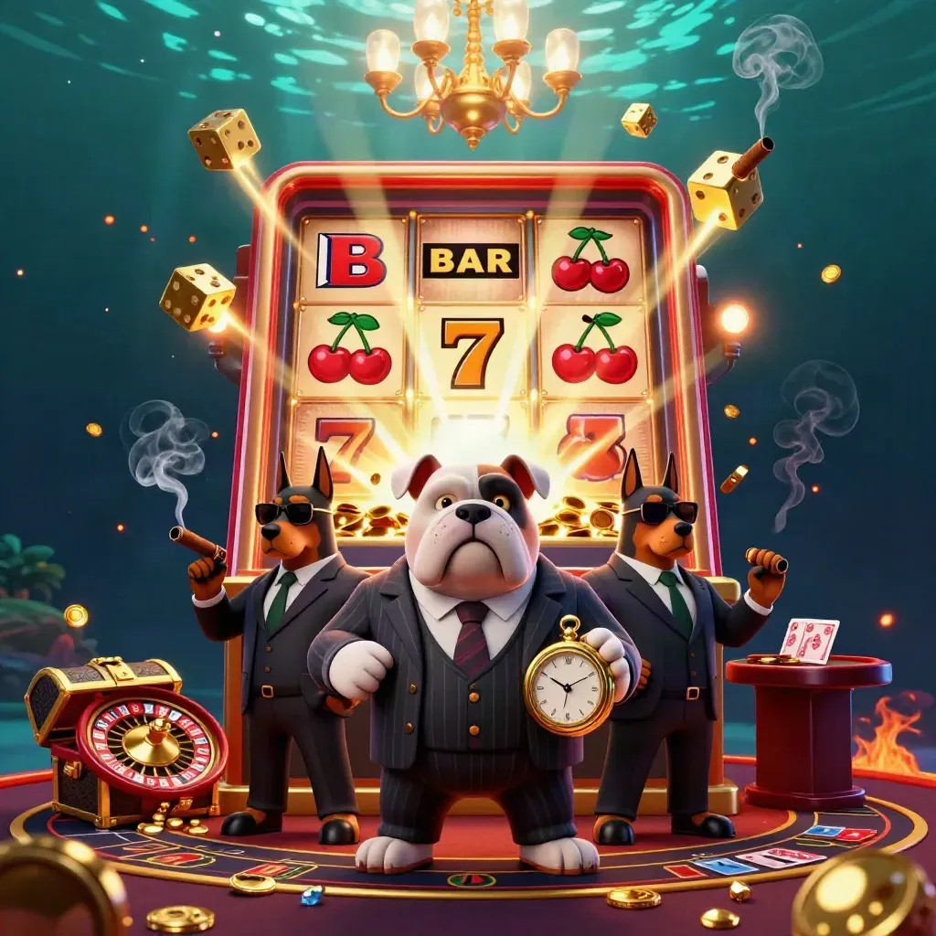 Cartoon mafia bulldog and Dobermans amid slot bursts, gold, smoke, and teal-blue casino light.