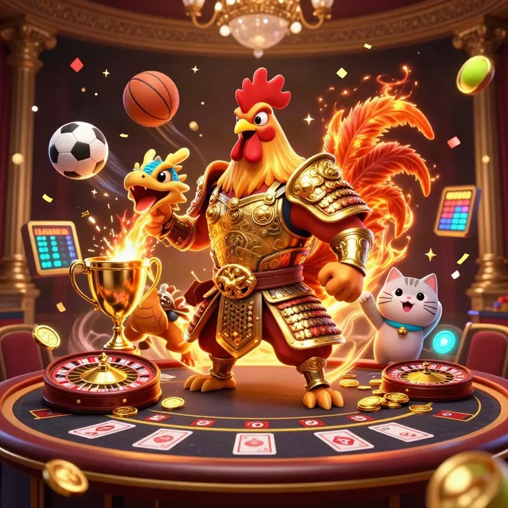 Rooster samurai, dragon hatchling, and fortune-cat in a luxe casino scene with coins, balls, and a spin wheel.