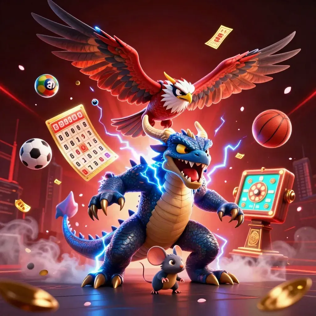 Thunder dragon, wind hawk and static mouse amid casino sports props and neon effects.