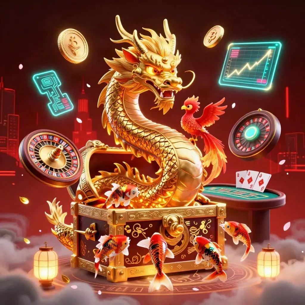 Golden dragon, phoenix and koi amid casino lights, coins, cards and red neon glow.