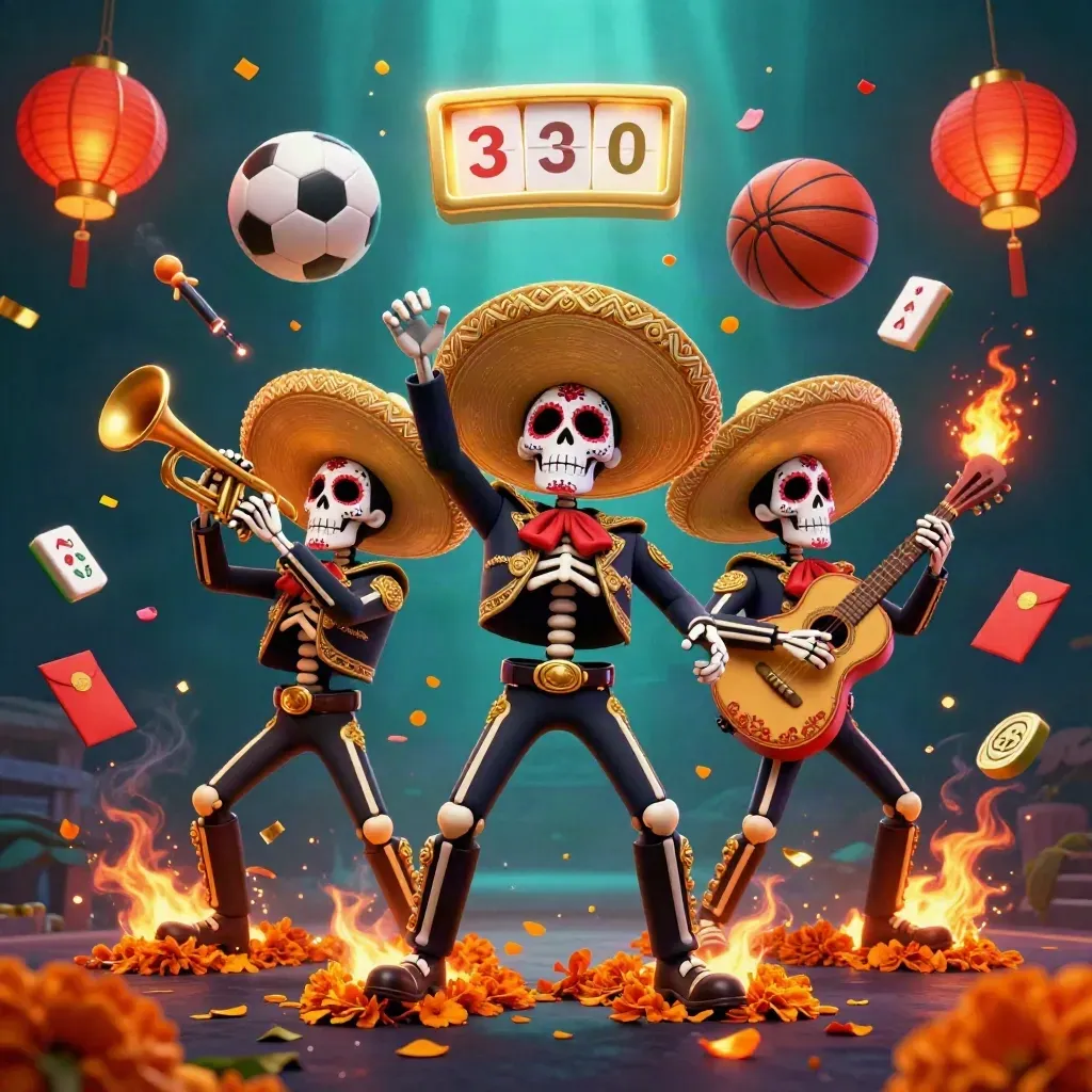 Skeleton mariachi trio amid casino sports burst, balls, coins, lanterns and teal-gold light.