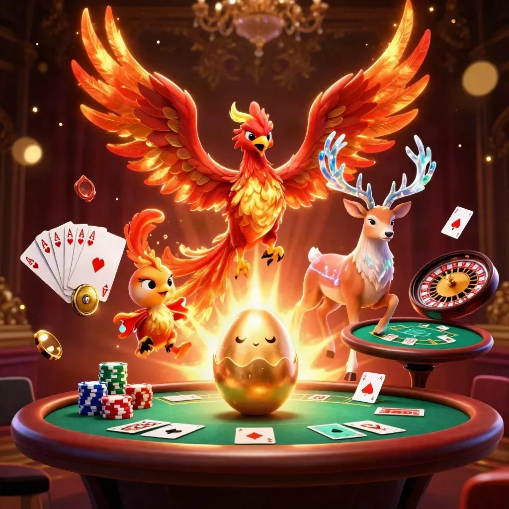 Phoenix, baby phoenix, and crystal stag amid glowing casino tables, chips, and gold luxury lighting