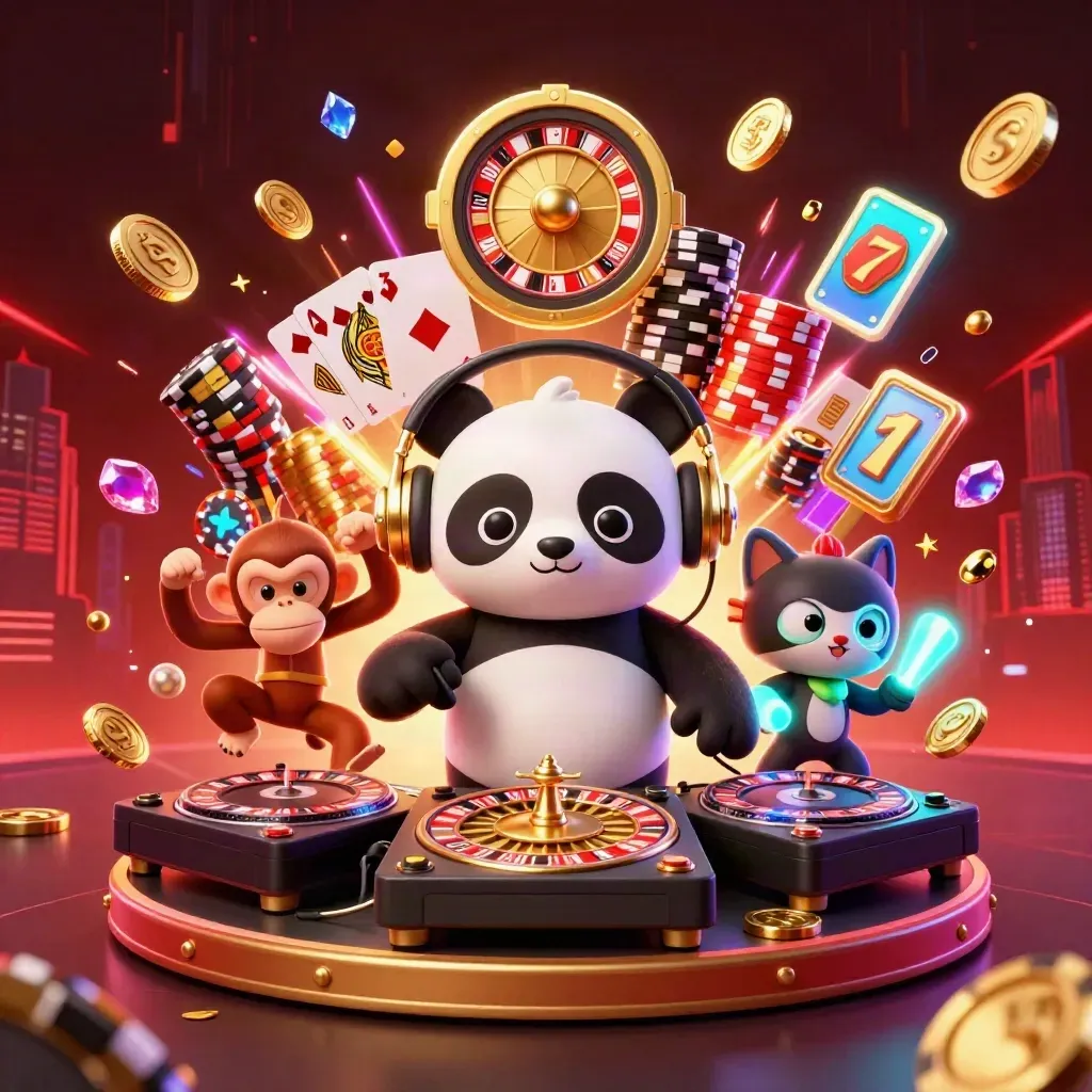 DJ panda, breakdancing monkey, and glow-stick kitten amid casino chips, coins, and neon energy