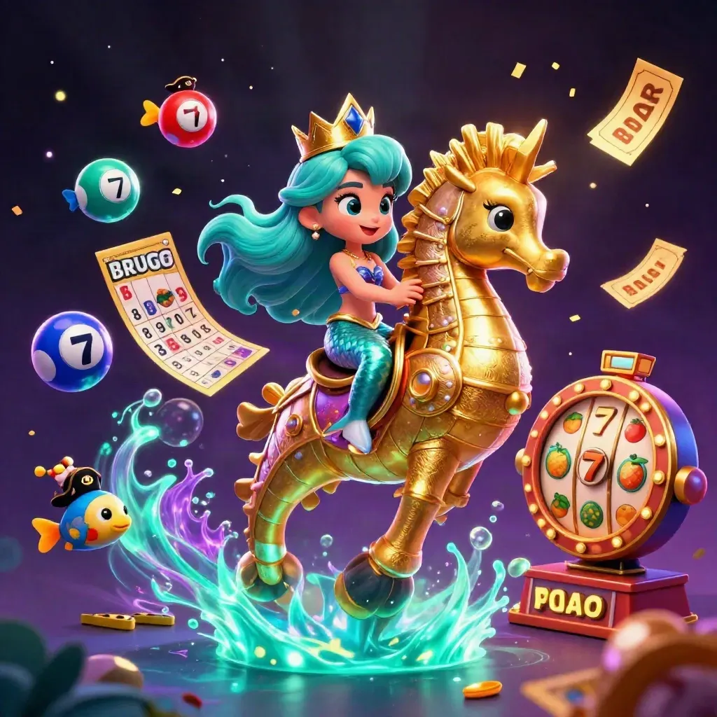 Mermaid princess rides an armored seahorse as casino jackpots burst in neon underwater fantasy.