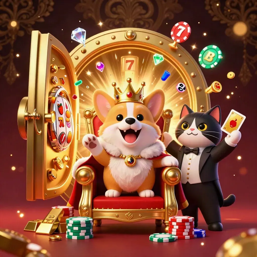 Crowned royal corgi and cat butler amid open vault, chips, gems, reels, and red casino glow.