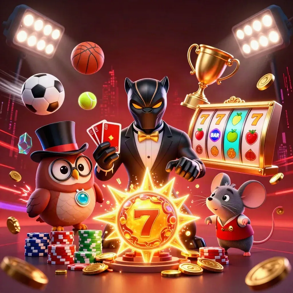 Panther, owl, and mouse casino heroes amid neon relic bursts, coins, balls, and red energy