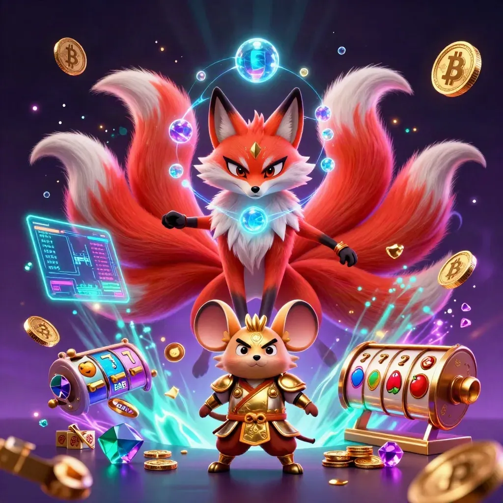 Nine-tailed fox spirit and armored mouse amid neon coins, gems, lightning and magical wisps.