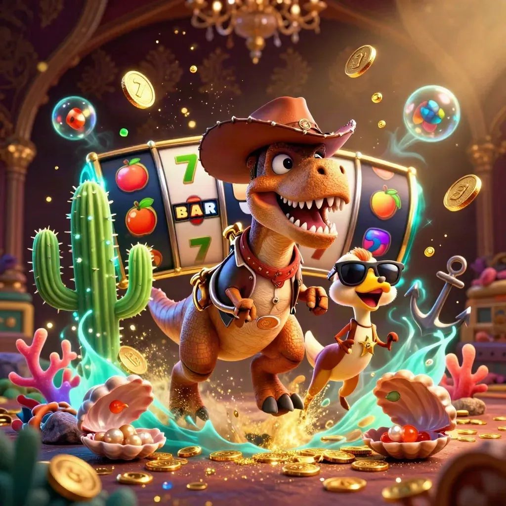 Cowboy T-Rex, cactus, and roadrunner in a glowing treasure cove with coins and casino icons