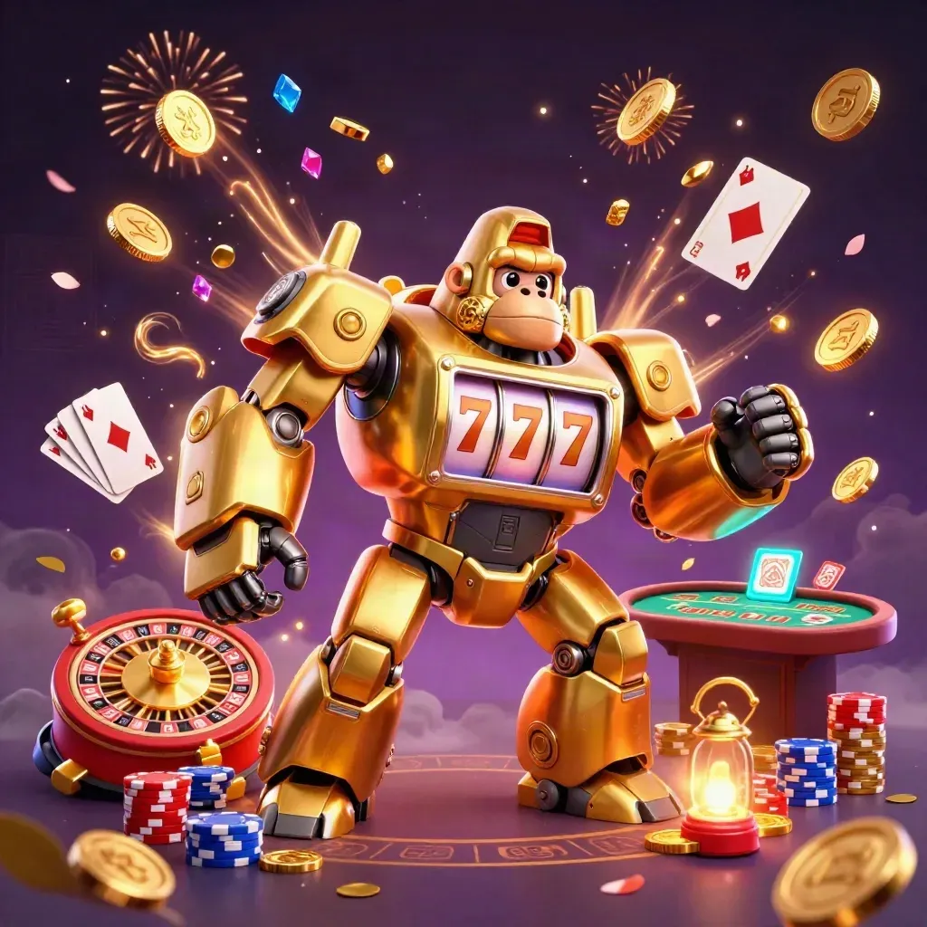 Golden gorilla mech and monkey pilot blasting coins, gems, cards, chips, and neon casino magic.