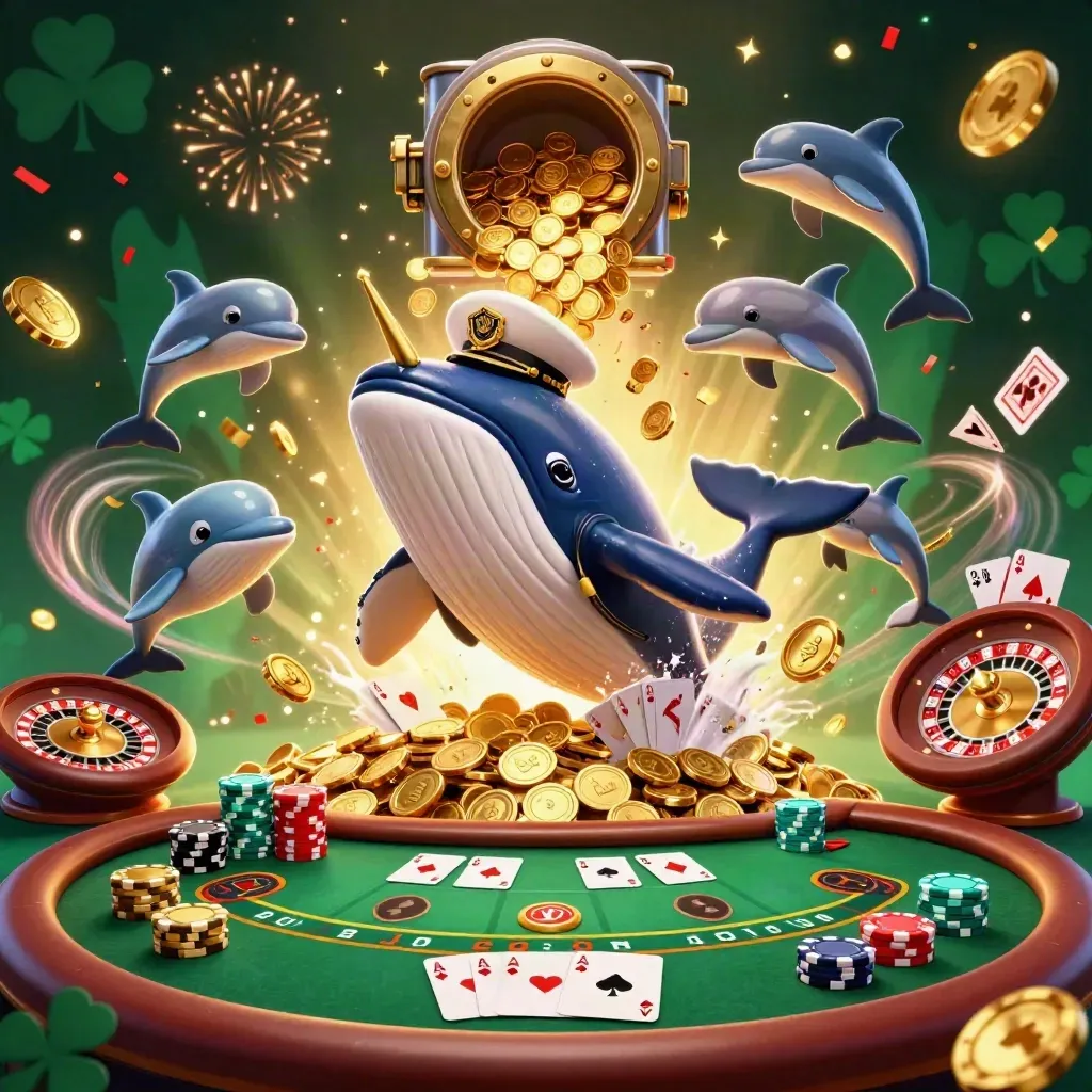Whale captain, narwhal and dolphins amid casino coins, cards, chips and fireworks.