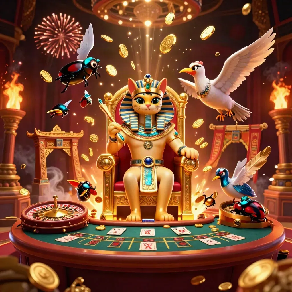 Pharaoh cat, ibis scribe, and gem-winged scarabs amid gold coins, fireworks, and casino luxury