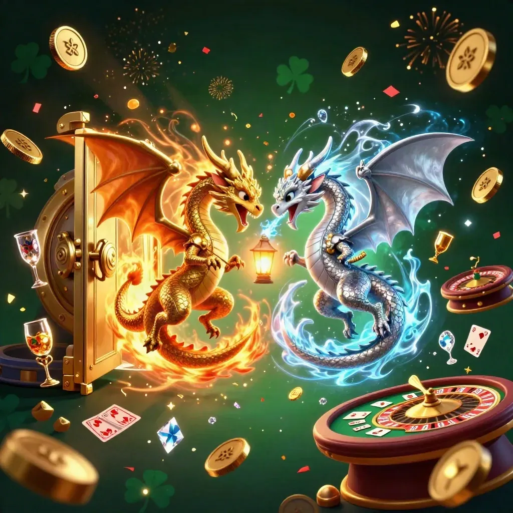 Two dragons spiral through a vault burst with coins, gems, fireworks, and casino tables.