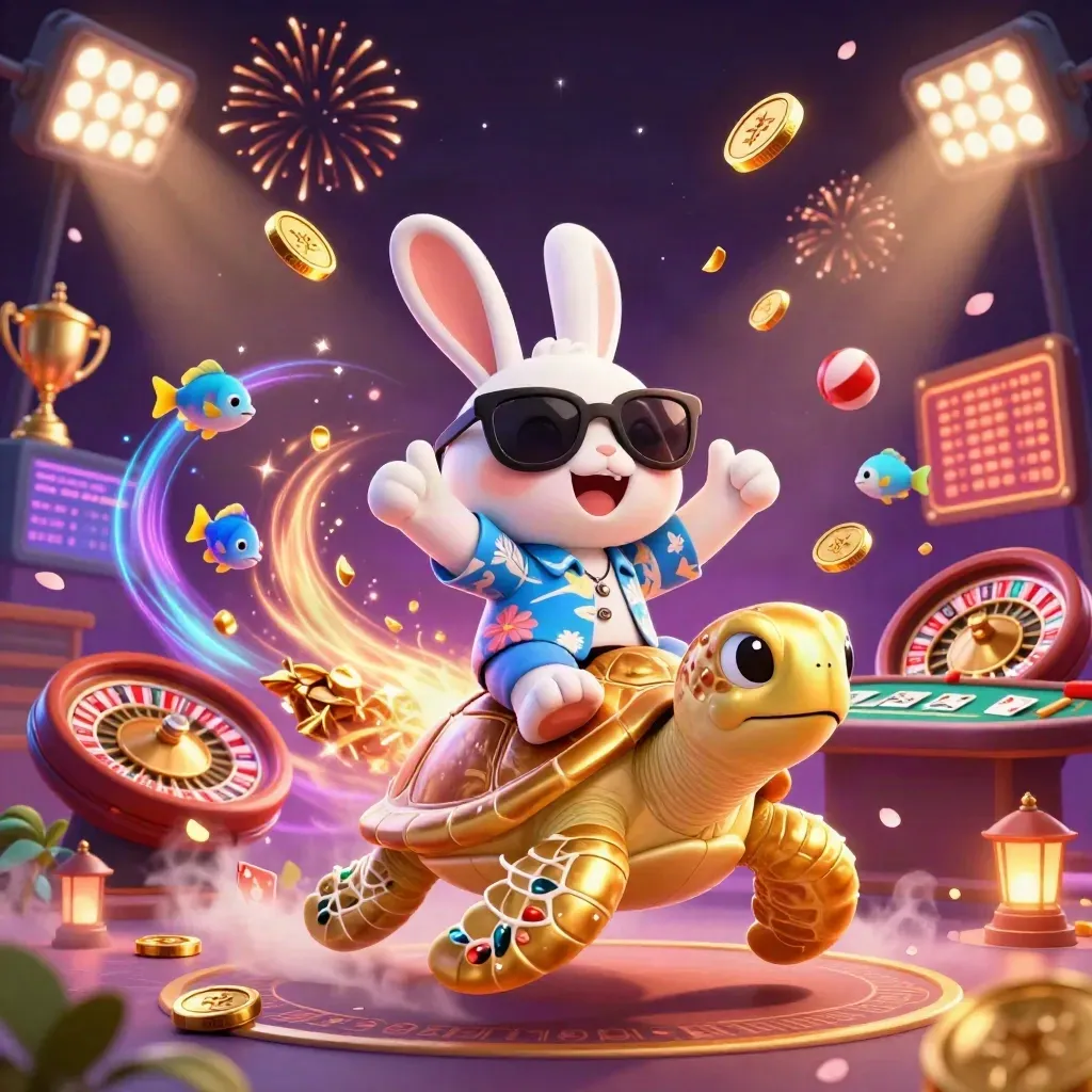 Lucky rabbit on golden sea turtle amid coins, sports balls, roulette, fireworks, and casino glow