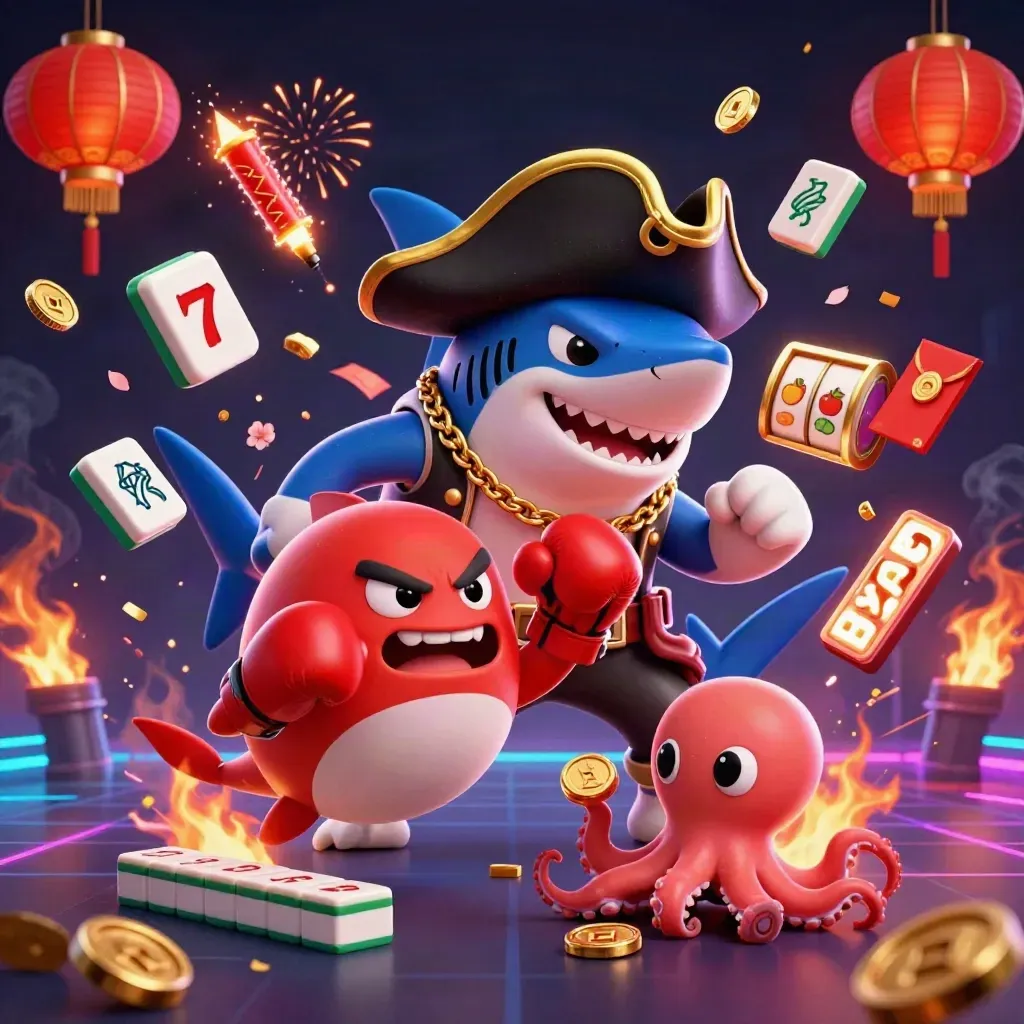 Pirate shark, boxing pufferfish, and juggling octopus amid fiery casino symbols.