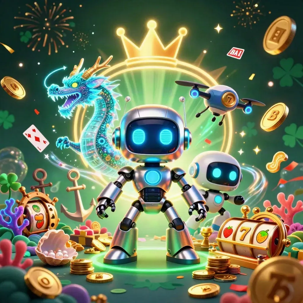 Chrome robot, holographic dragon, and coin drone in treasure cove with reels, jackpots, and sparks.