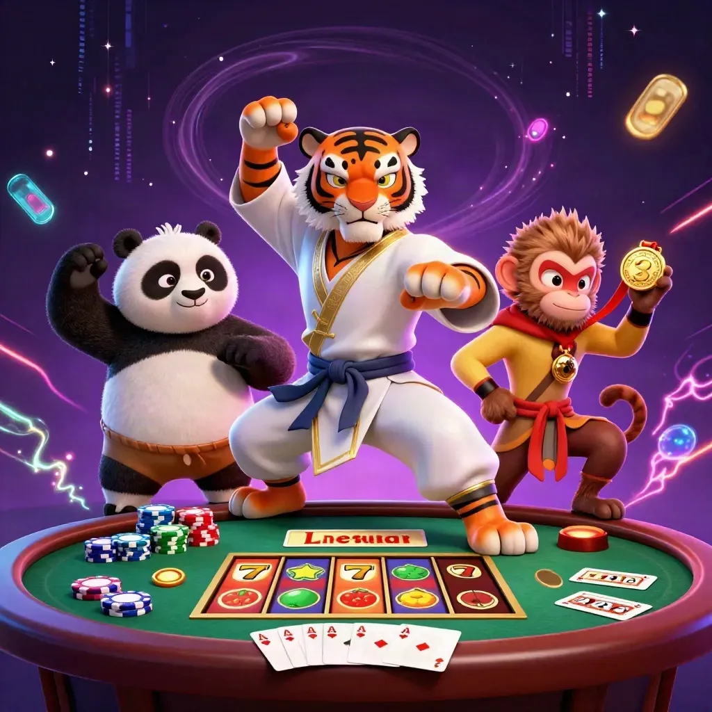 Tiger, panda, and monkey kung-fu heroes amid casino chips, cards, reels, and neon energy.