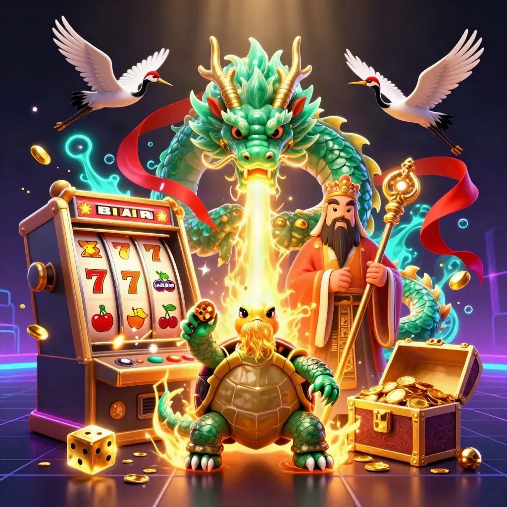 Jade dragon, turtle sage, and cranes amid jackpot slot bursts on a dark neon casino grid.