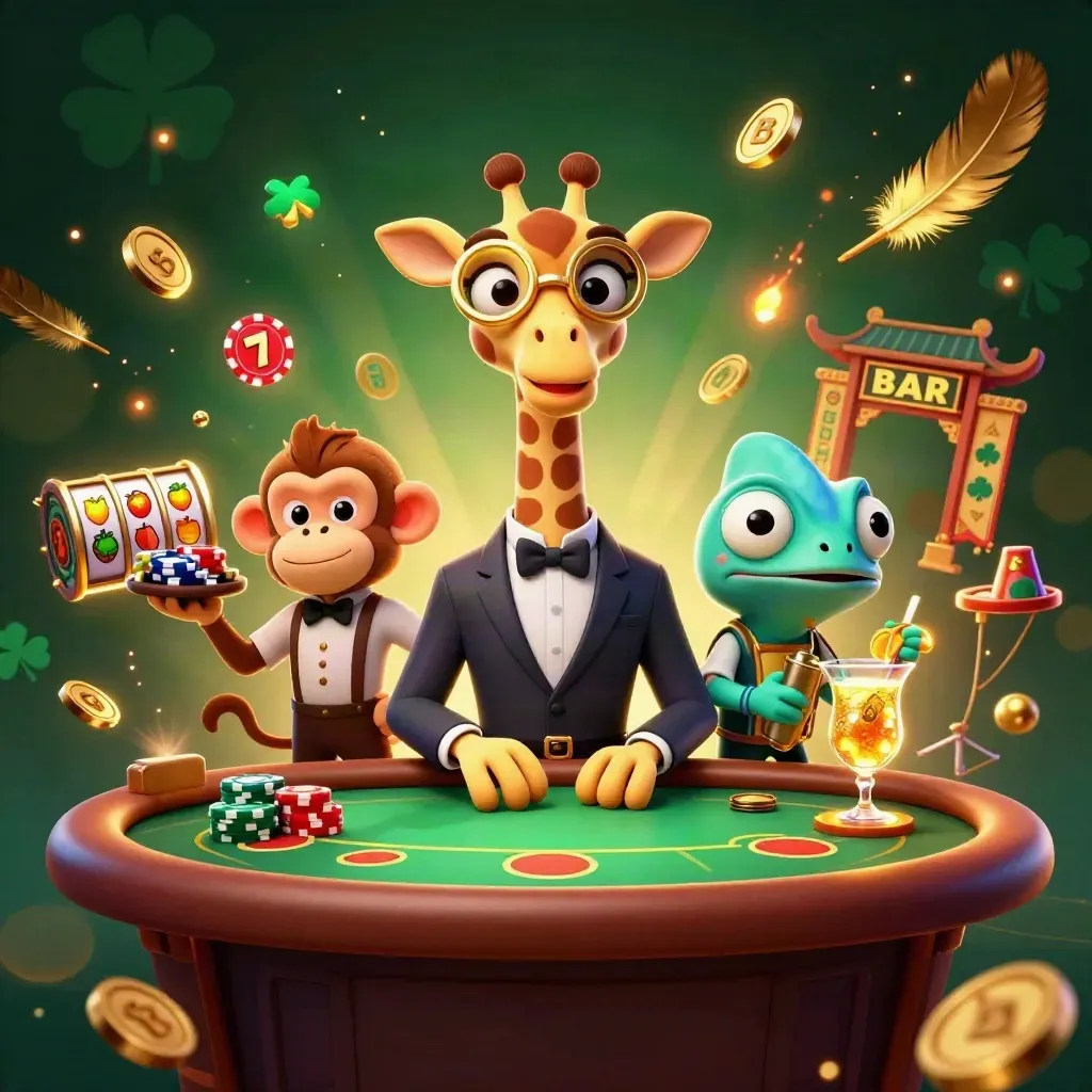 Giraffe high roller, monkey valet, and chameleon bartender in a luxe casino fantasy