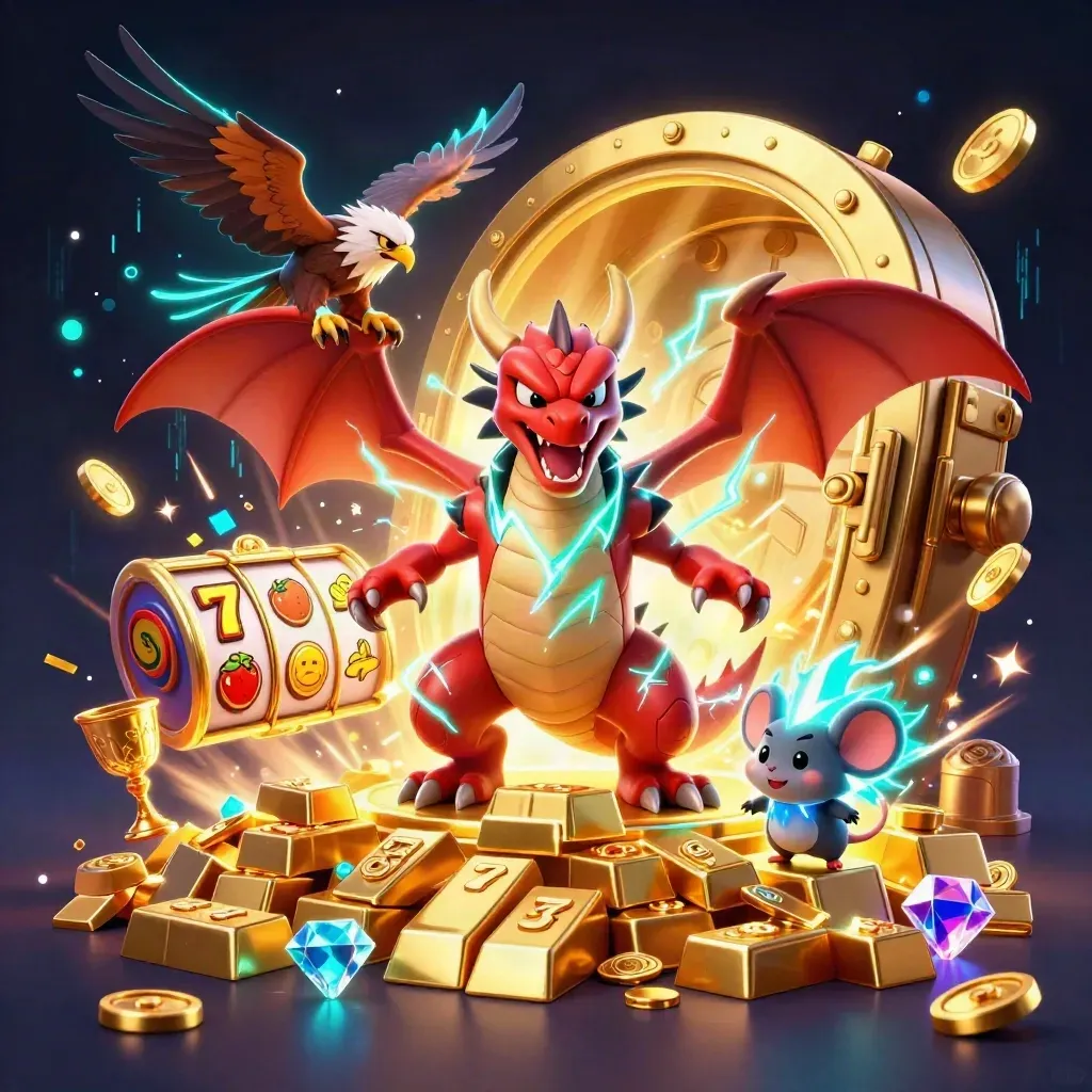 Thunder dragon, wind hawk and static mouse burst from a gold vault in neon casino glow.
