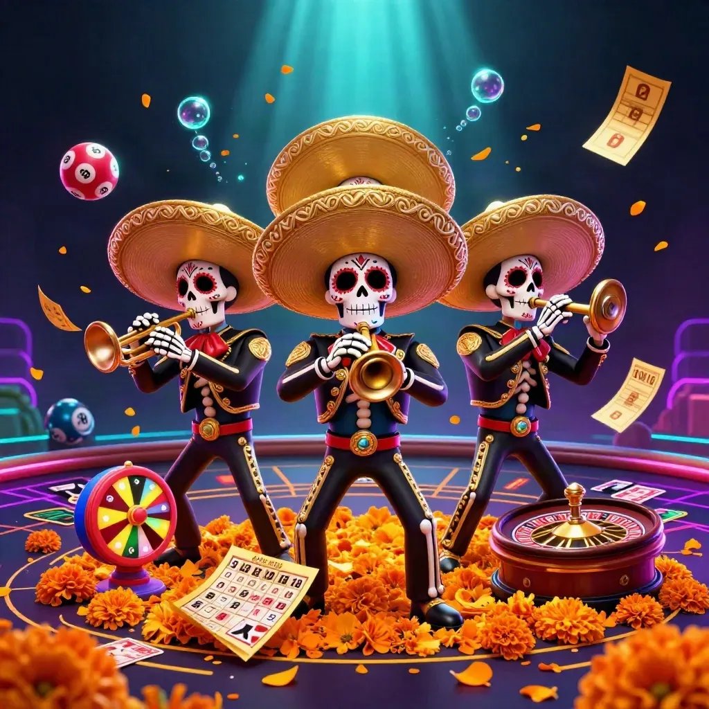 Skeleton mariachi trio amid spinning casino wheels, lottery balls, gold tickets, and neon glow.