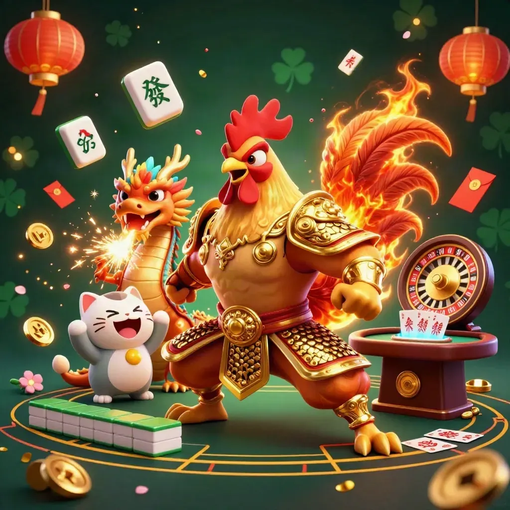 Rooster warrior, dragon hatchling and fortune-cat amid casino symbols and glowing gold light