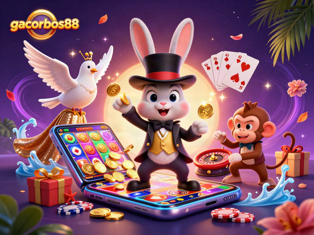 Experience excitement at gacorbos88 as the magician rabbit pulls coins from a top hat in a lively casino scene.