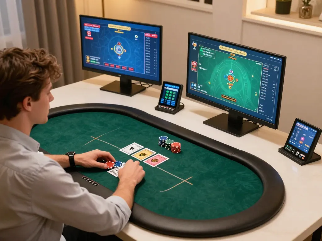 Exciting online poker gameplay featuring 5679 chip strategies under warm lighting