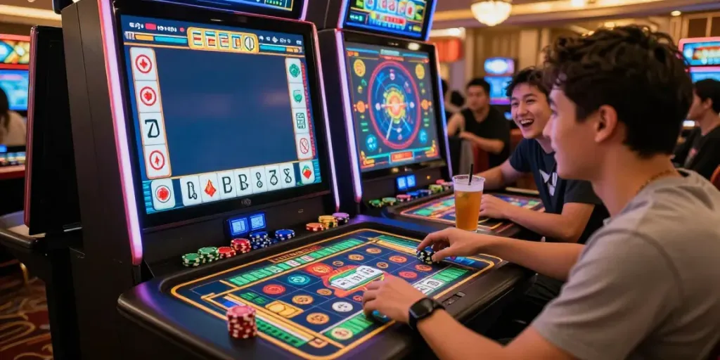 Permainan mesin slot mahjong yang menarik dengan pemain antusias di kasino.