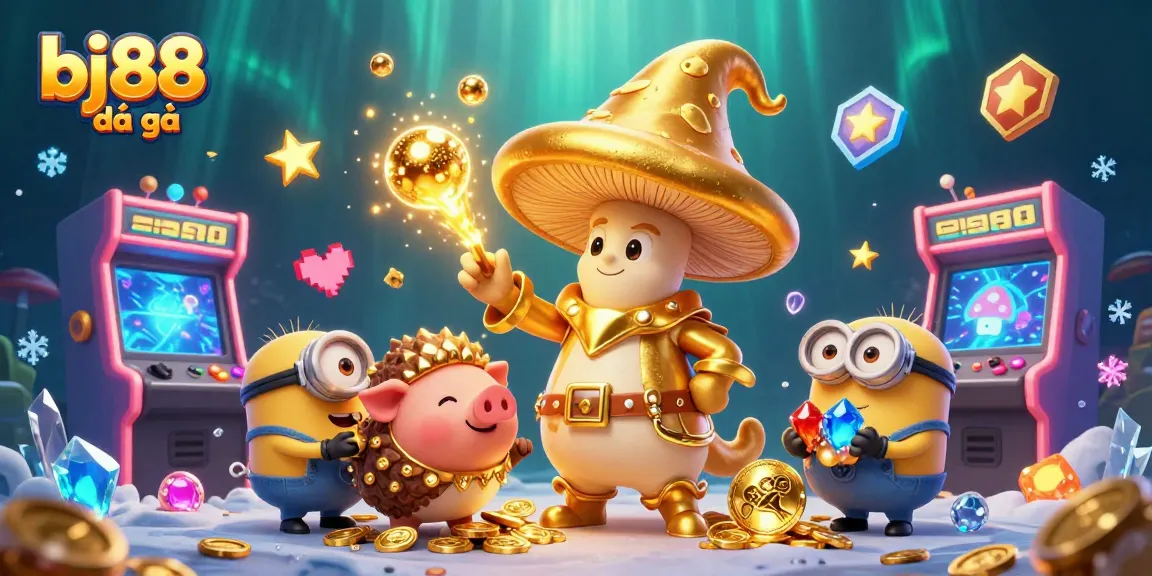 Experience thrilling bj88 đá gà action with golden wizard, pig, and treasure in vibrant casino scene.