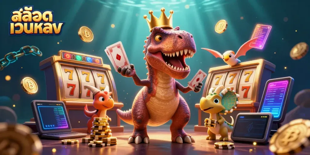 Engage in thrilling moments with สล็อตเว็บตรง represented by friendly dinosaur characters and vibrant casino elements.