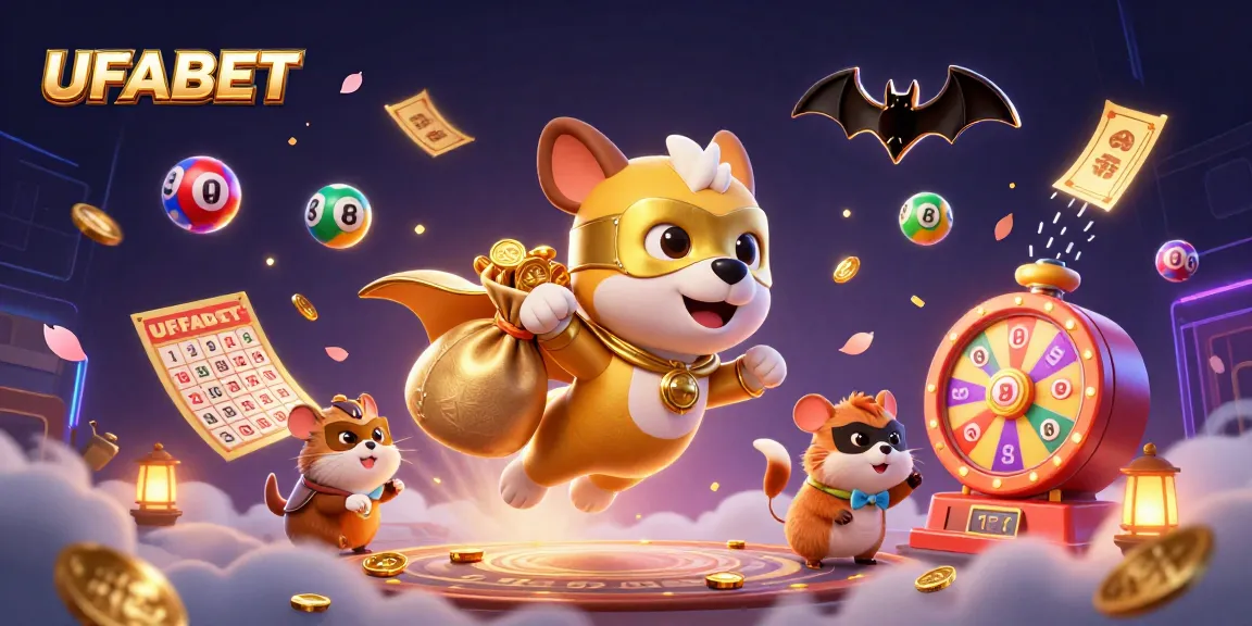 Experience the thrill of UFABET's online gaming with a vibrant illustration featuring a superhero dog and dynamic casino elements.