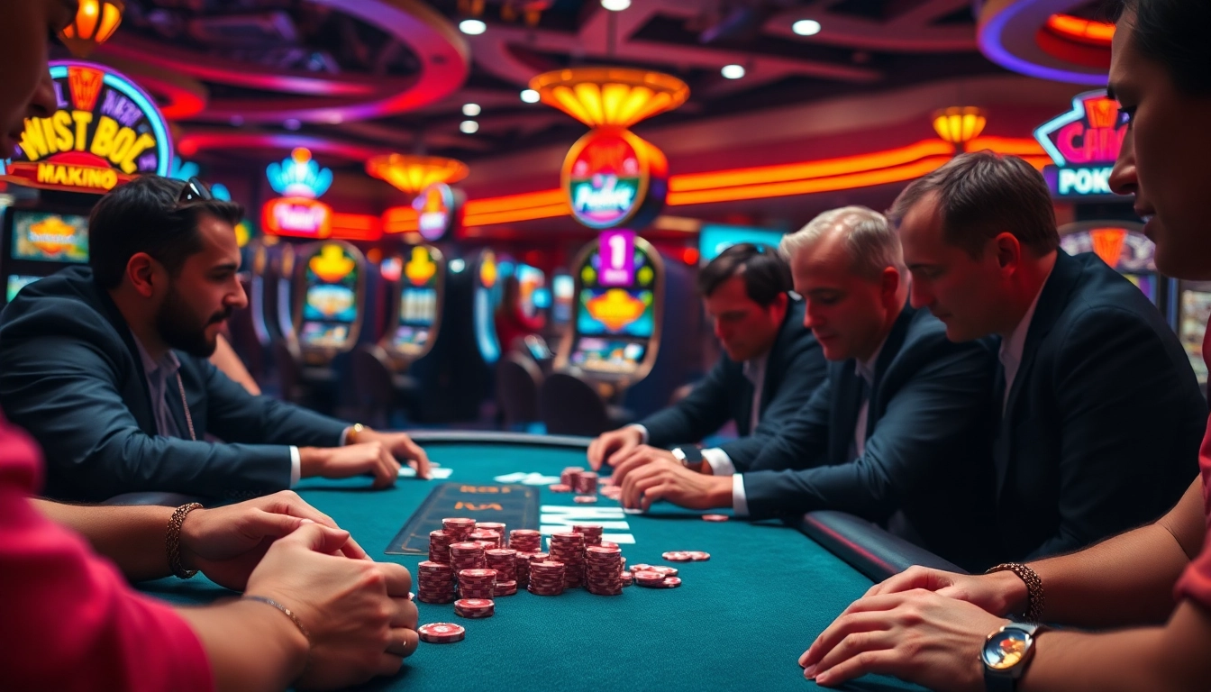 Permainan situs gacor dengan pemain terlibat di meja poker, atmosfer kasino yang hidup.
