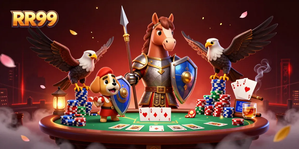 Experience immersive gambling action with RR99 as knights and a falcon engage in card games.