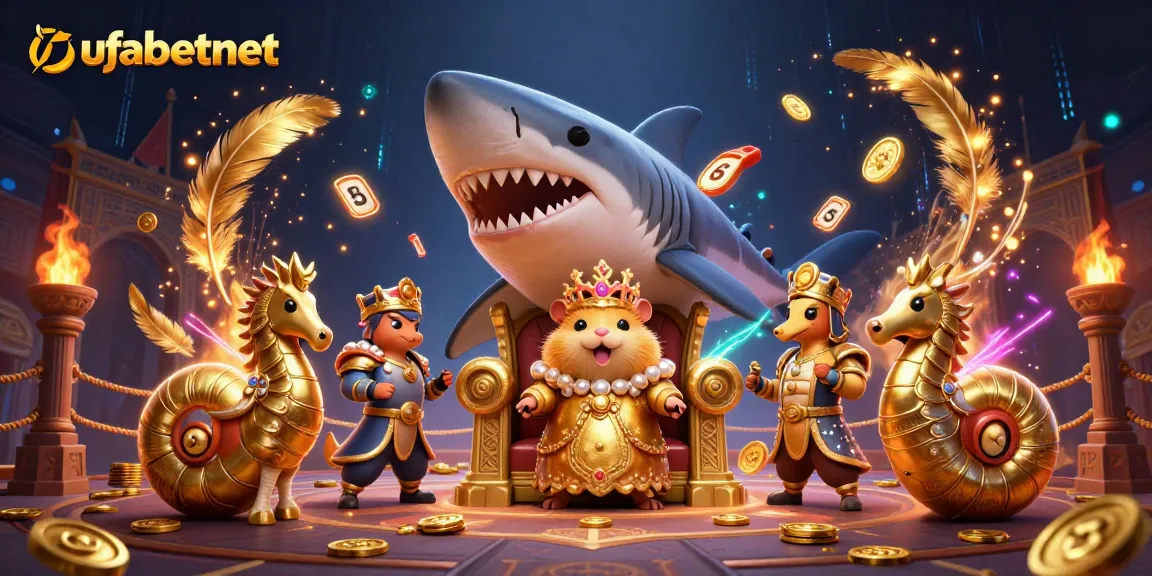 Experience the excitement of ufabetnet with a golden hamster king in a vibrant casino scene.