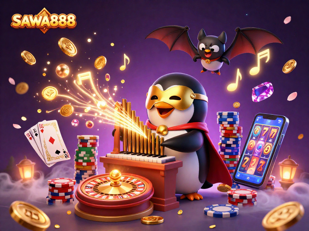 Experience thrilling gameplay with SAWA888, featuring dynamic slots, golden coins, and vibrant casino elements.