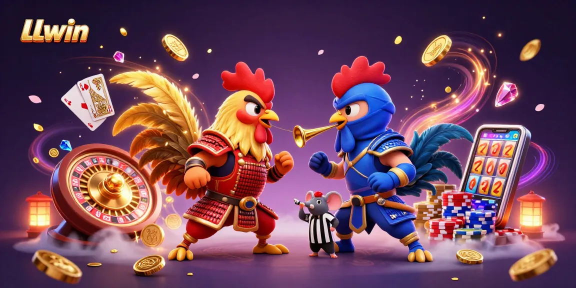 LLwin showcases twin fighting roosters in a dynamic standoff amidst abundant casino elements.