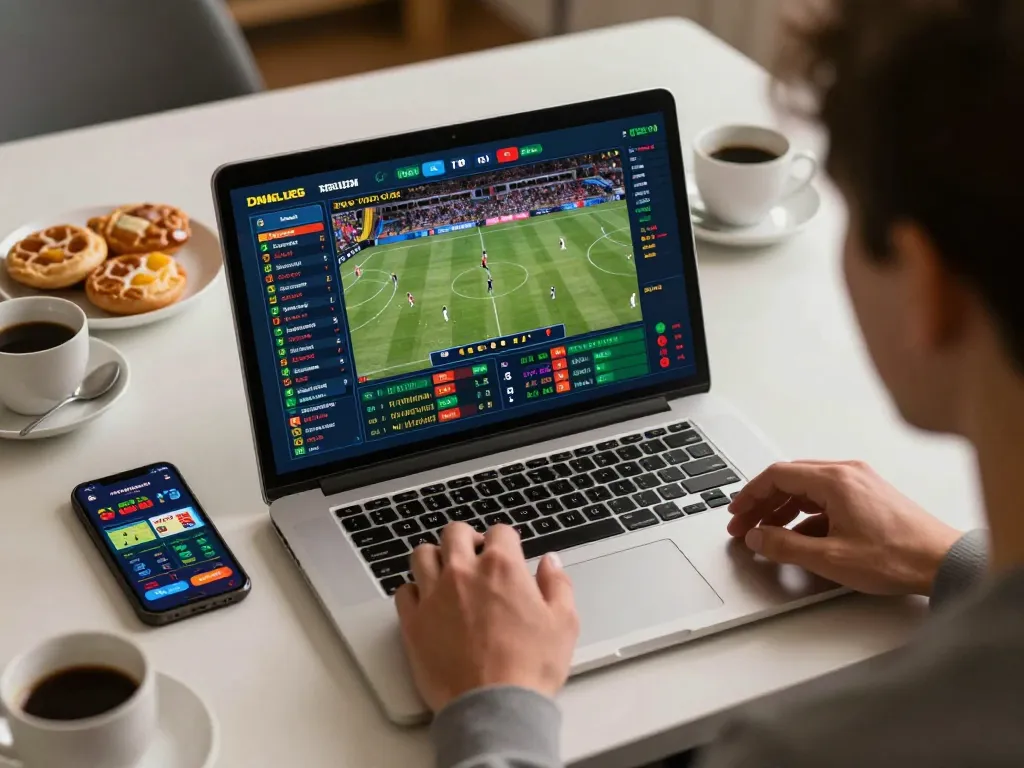 Player engaged in live sports betting on tg88 site using laptop and smartphone, focusing on betting details.