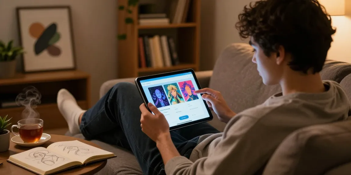 Young adult exploring an NSFW AI app on a tablet in a cozy room, highlighting innovative digital interactions.