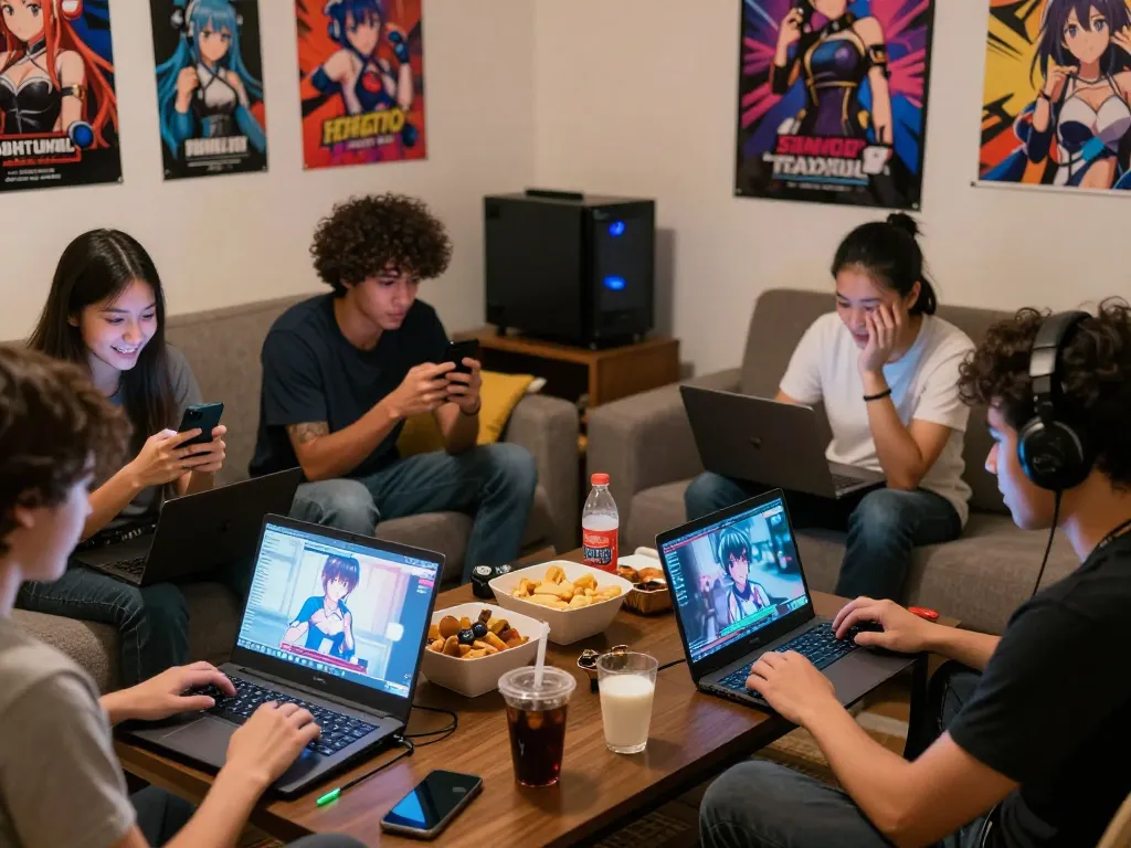 Engaged players enjoying porngames on various devices in a cozy living room setting.