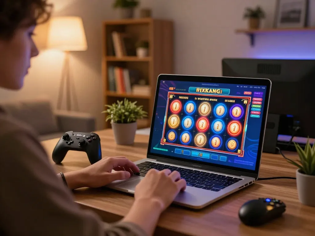 Player enjoying lucks8 online slots with engaging visual interface in cozy home setting