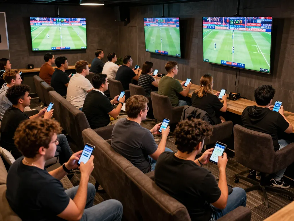 Betting enthusiasts using the OKFUN app in a lively sports lounge to place wagers on games.