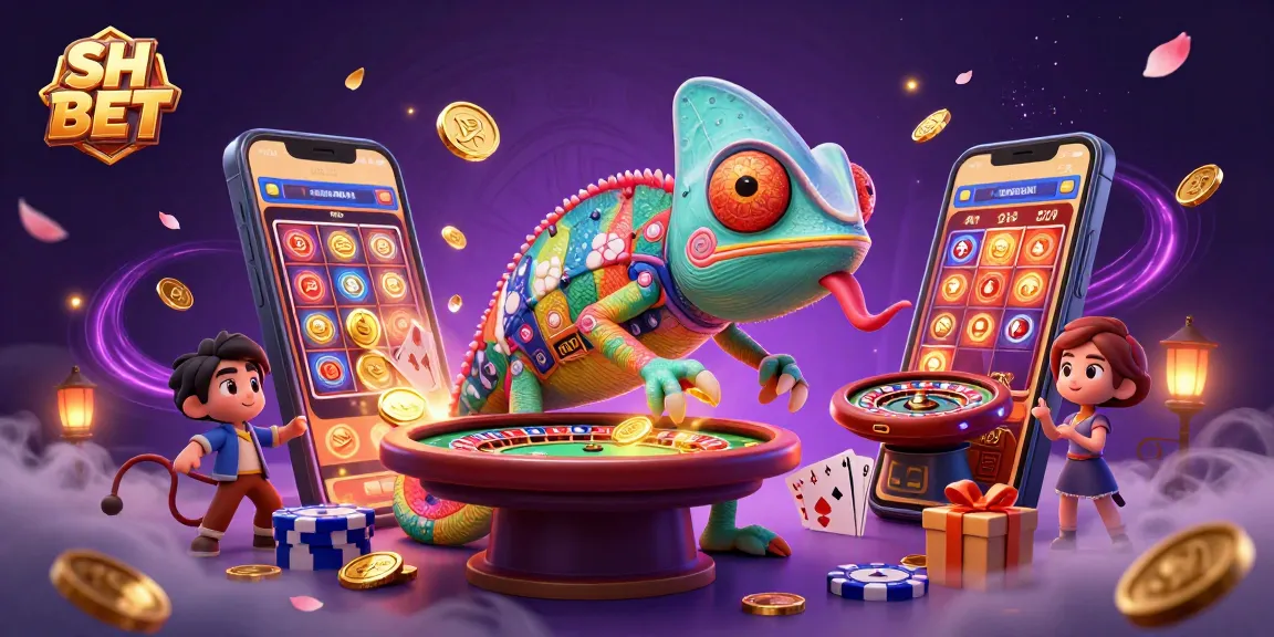 Experience the excitement at SH BET with a vibrant 3D casino scene featuring a chameleon owner and dynamic gaming elements.