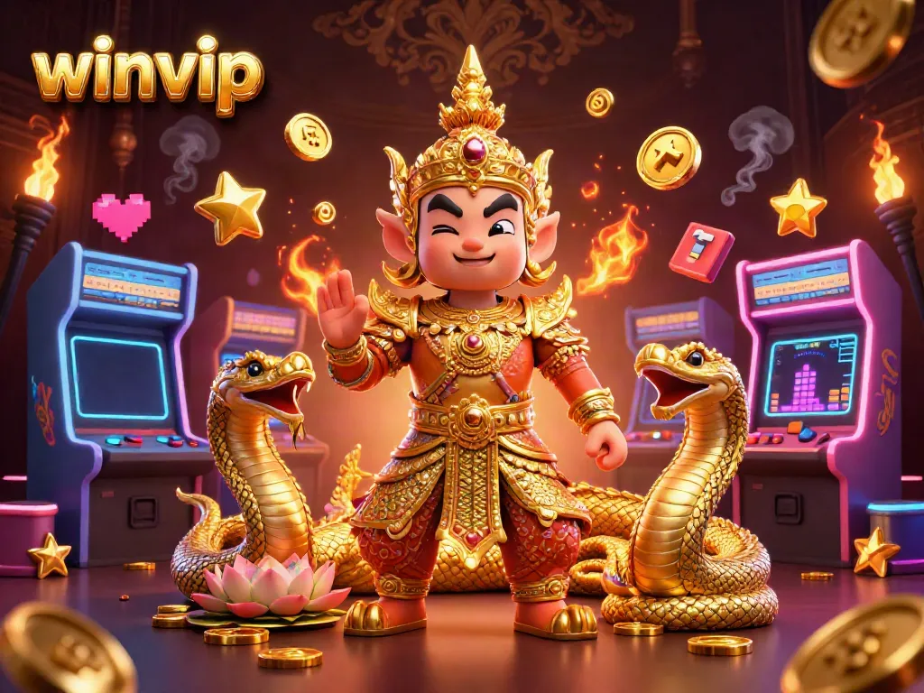 Winvip showcases thrilling gambling adventures with vibrant visuals of friendly characters and exciting game elements.