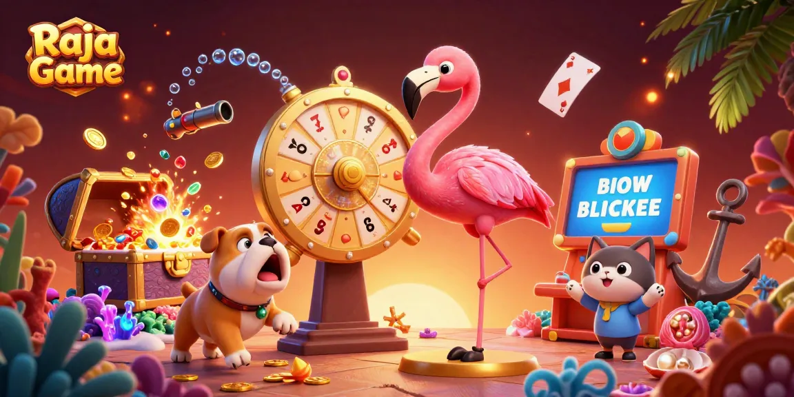 Engaging Raja Game scene showcasing a game show host, excited bulldog contestant, and scoreboard assistant in an interactive lottery setup.