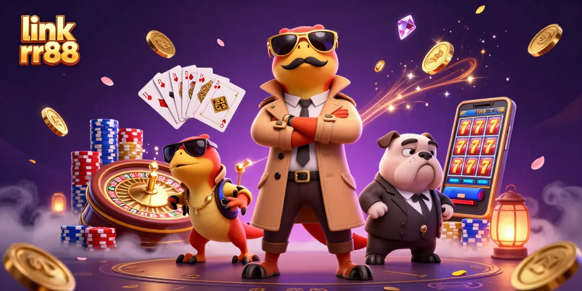 Join three raptors and a bulldog in a VIP casino scene featuring the link rr88 amid dazzling rewards.